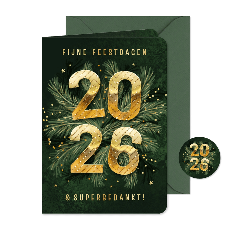 Zakelijke kerstkaart 2026 groen dennentakjes goud bedankt - Kaartimpressie