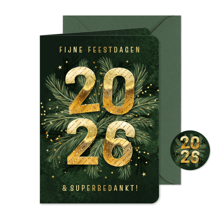 Zakelijke kerstkaart 2026 groen dennentakjes goud bedankt - Kaartimpressie