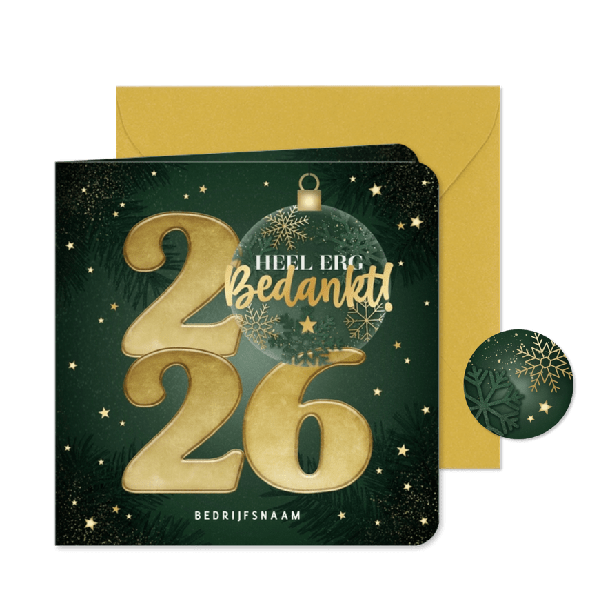 Zakelijke kerstkaart 2026 kerstbal sterren, takjes bedankt! - Kaartimpressie