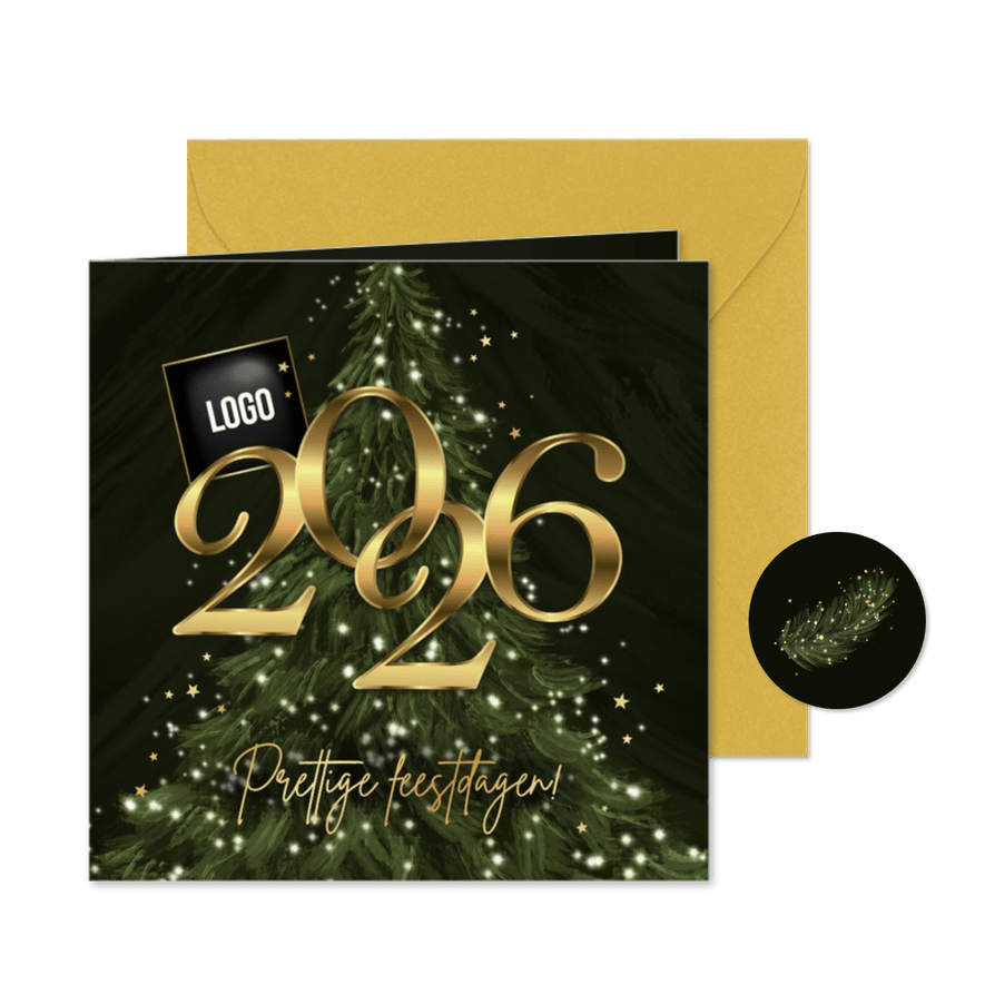 Zakelijke kerstkaart 2026 kerstboom lichtjes sterren logo - Kaartimpressie