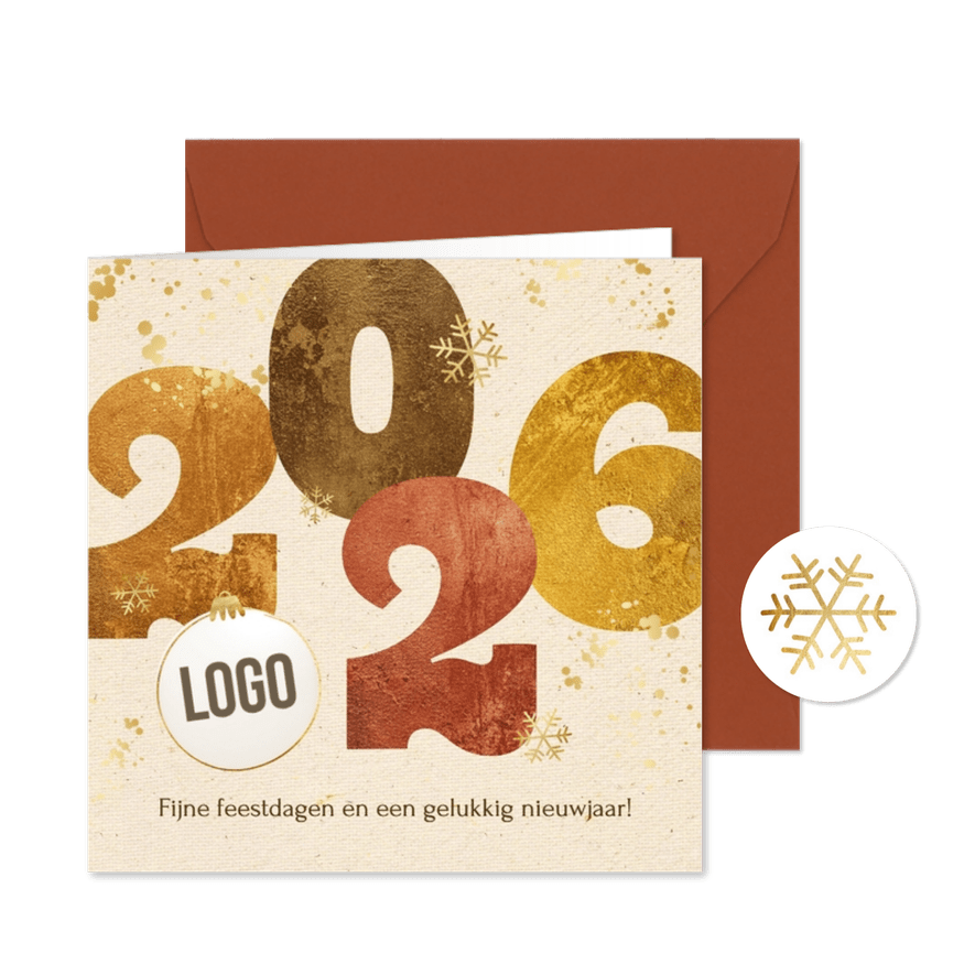 Zakelijke kerstkaart 2026 linnen cijfers goud sneeuw spetter - Kaartimpressie