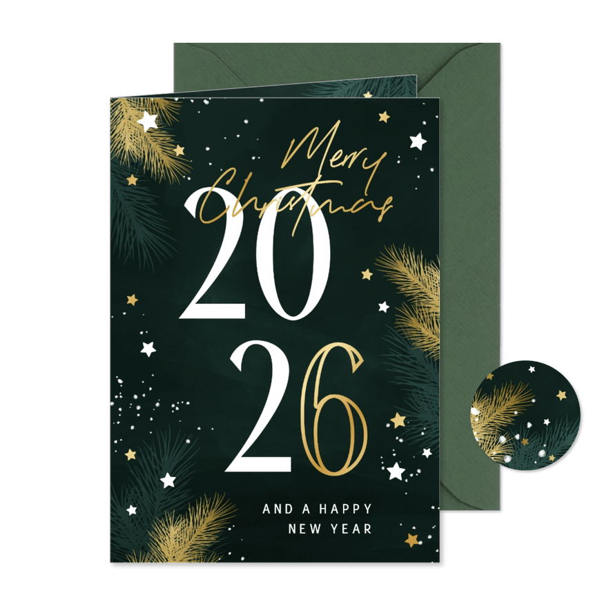 Zakelijke kerstkaart 2026 met kersttakjes en gouden sterren - Kaartimpressie