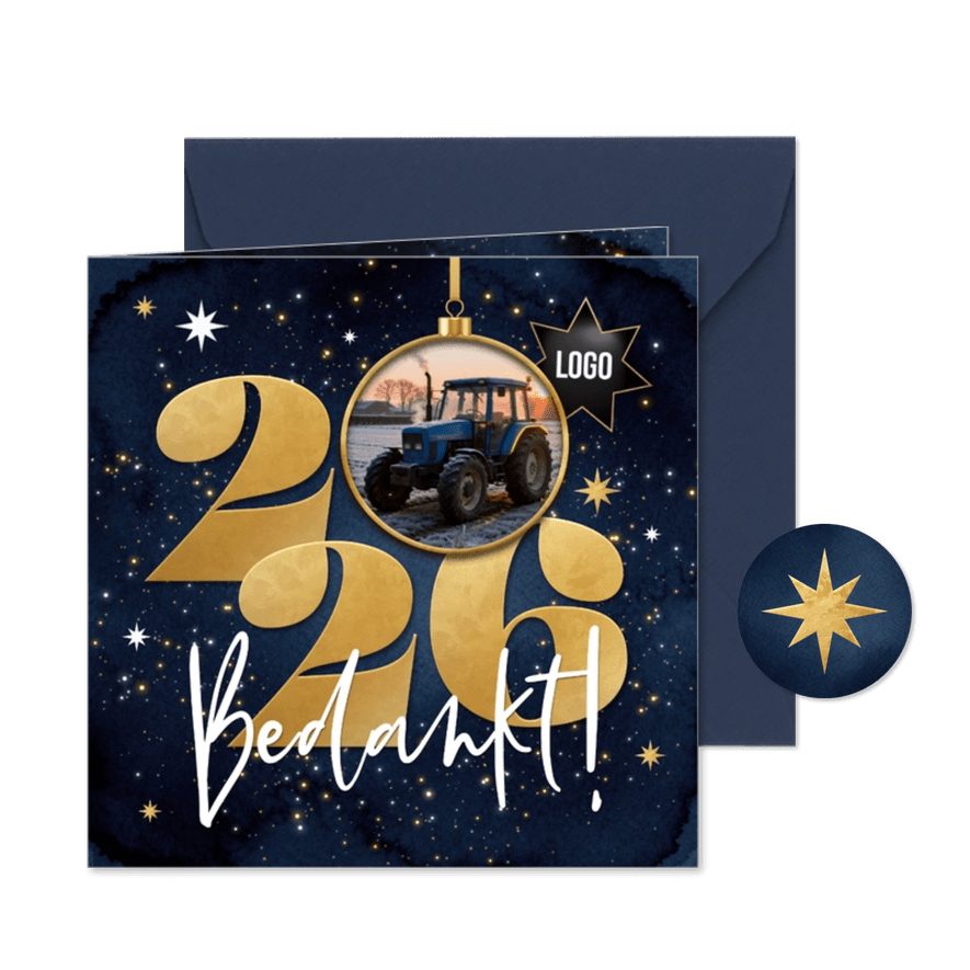 Zakelijke kerstkaart 2026 sterren goud foto logo bedankt - Kaartimpressie
