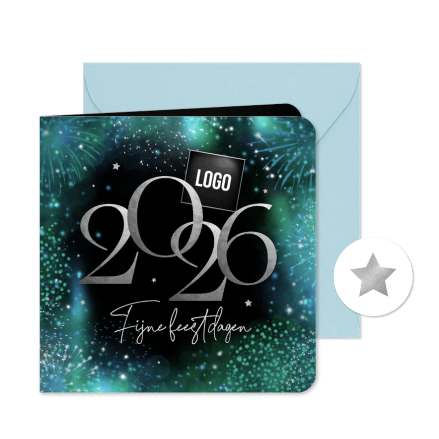 Zakelijke kerstkaart 2026 vuurwerk blauw groen zilver - Kaartimpressie