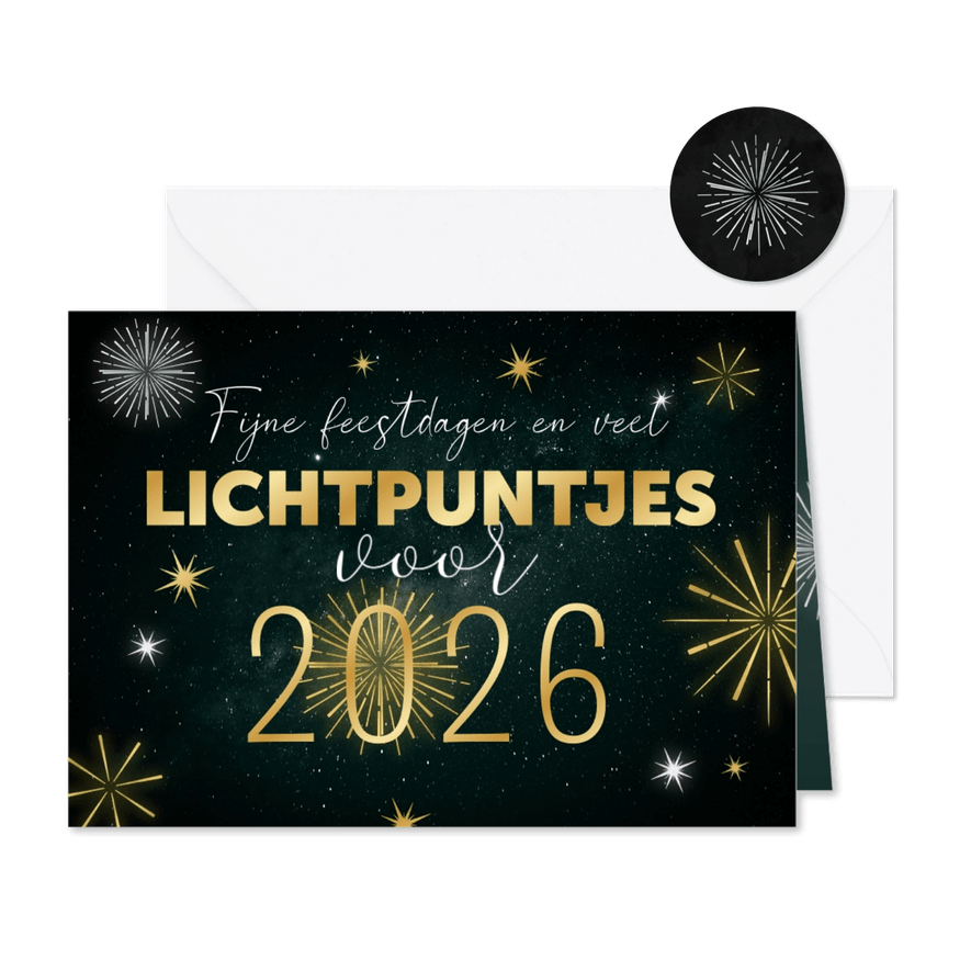 Zakelijke kerstkaart 2026 vuurwerk lichtpuntjes goud - Kaartimpressie