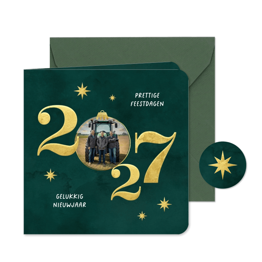 Zakelijke kerstkaart 2027 goud foto groen waterverf - Kaartimpressie