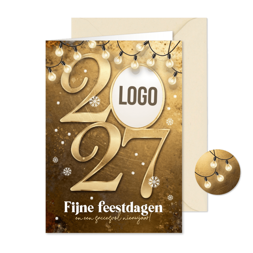 Zakelijke kerstkaart 2027 goud lampjes sneeuw - Kaartimpressie