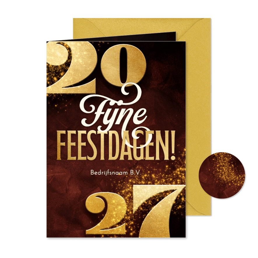 Zakelijke kerstkaart 2027 goudlook met sterren rood - Kaartimpressie