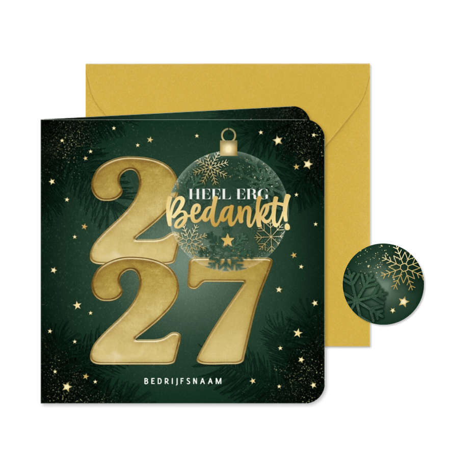 Zakelijke kerstkaart 2027 kerstbal sterren, takjes bedankt! - Kaartimpressie