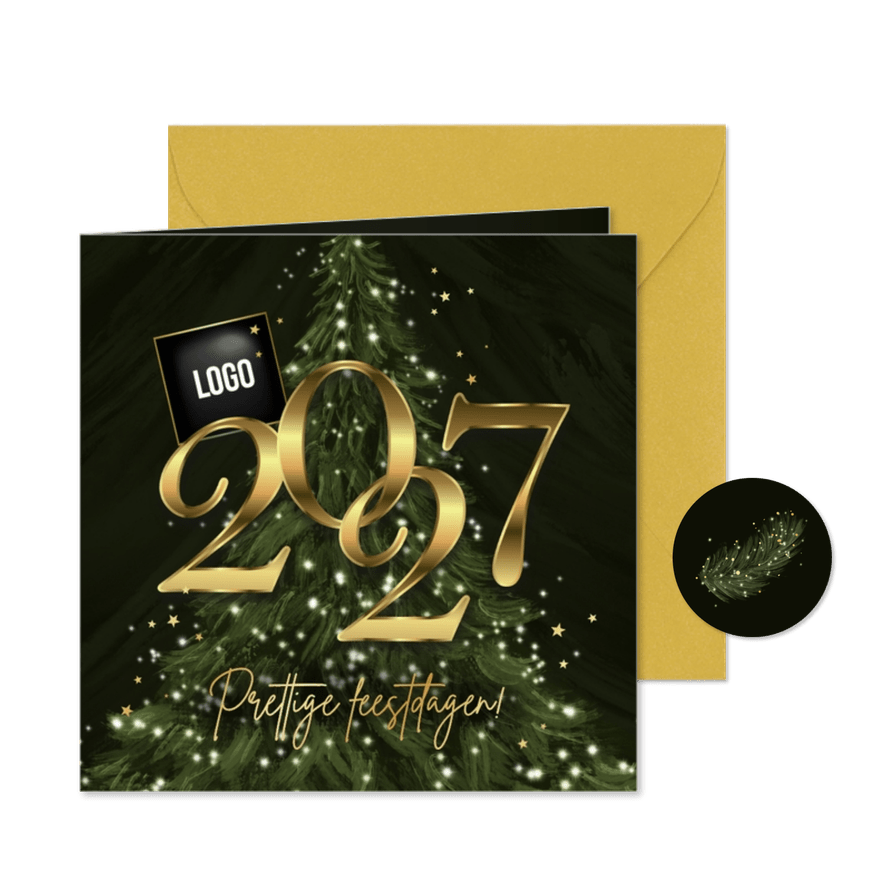 Zakelijke kerstkaart 2027 kerstboom lichtjes sterren logo - Kaartimpressie