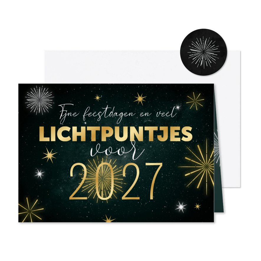 Zakelijke kerstkaart 2027 vuurwerk lichtpuntjes goud - Kaartimpressie