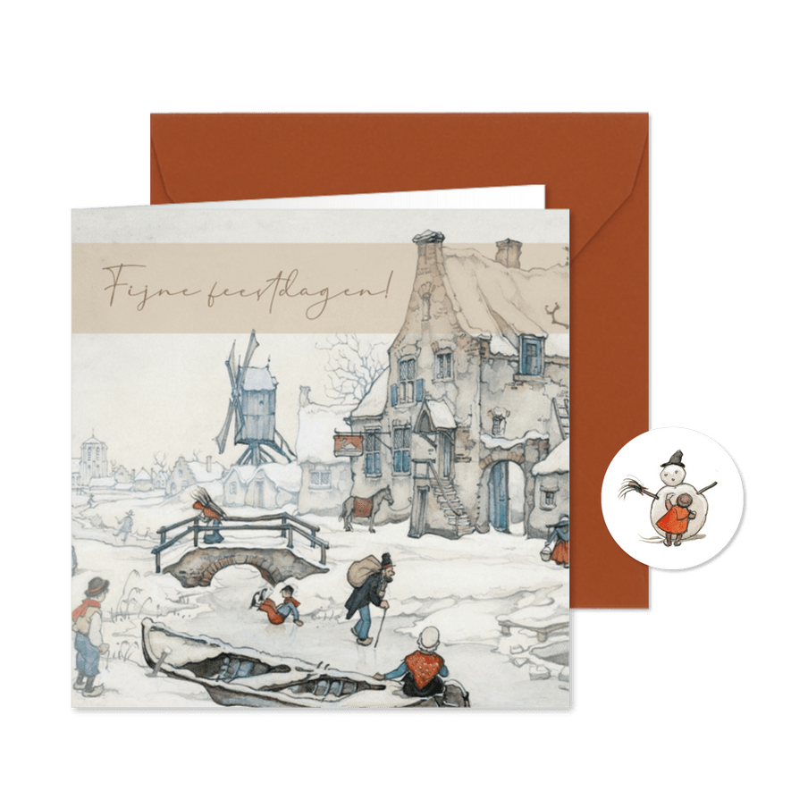 Zakelijke kerstkaart Anton Pieck besneeuwd landschap molen - Kaartimpressie