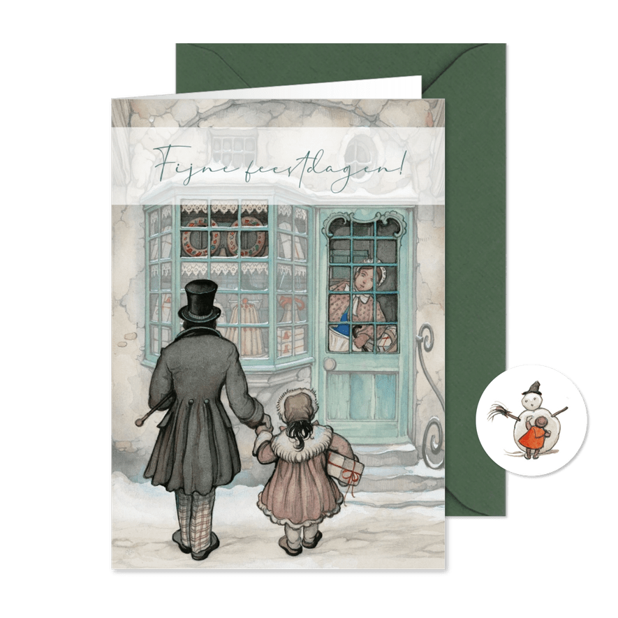 Zakelijke kerstkaart Anton Pieck man en kind voor winkel - Kaartimpressie