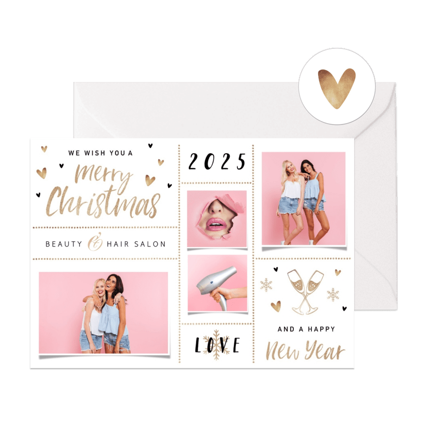 Zakelijke kerstkaart beauty haar salon goud foto hartjes - Kaartimpressie