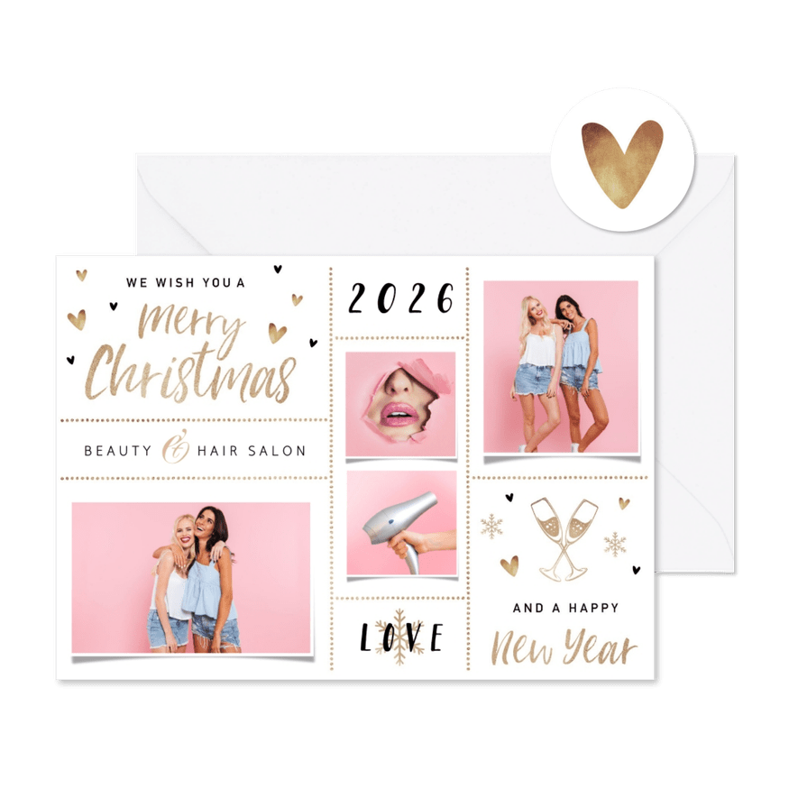 Zakelijke kerstkaart beauty haar salon goud foto hartjes - Kaartimpressie