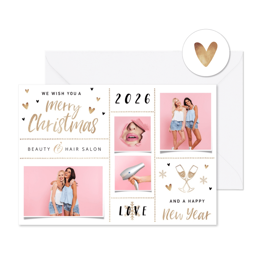 Zakelijke kerstkaart beauty haar salon goud foto hartjes - Kaartimpressie