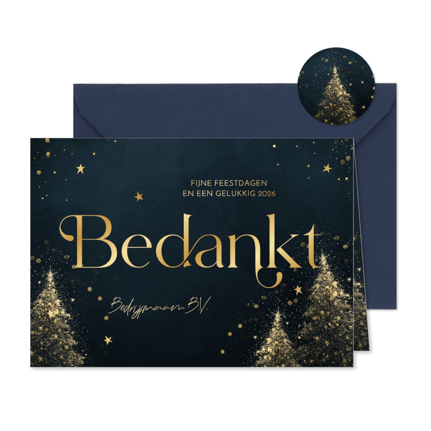 Zakelijke kerstkaart bedankt blauw met gouden kerstbomen - Kaartimpressie