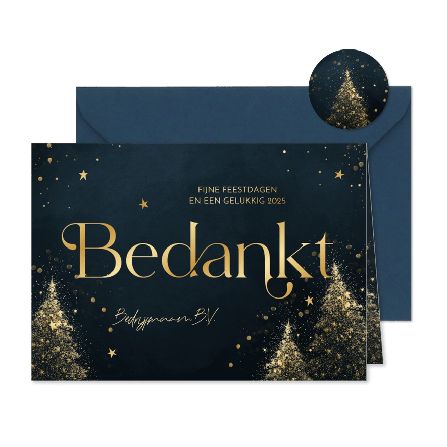 Zakelijke kerstkaart bedankt blauw met gouden kerstbomen - Kaartimpressie