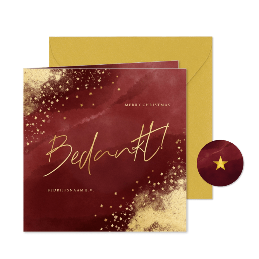 Zakelijke kerstkaart bedankt bordeaux en goud sterren - Kaartimpressie