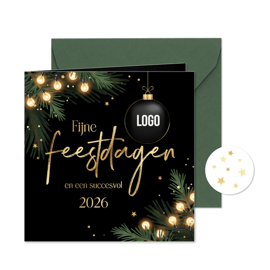 Zakelijke kerstkaart bedankt feestdagen dennentakjes lampjes - Kaartimpressie