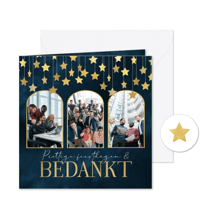 Zakelijke kerstkaart bedankt fijne feestdagen goud sterren - Kaartimpressie