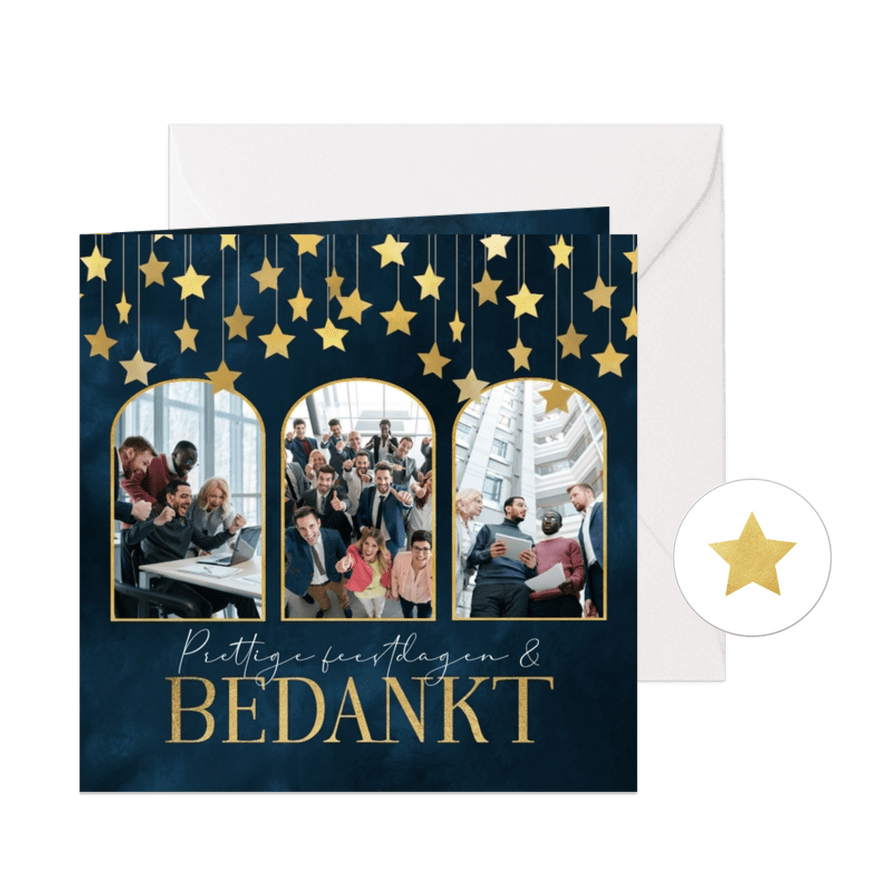 Zakelijke kerstkaart bedankt fijne feestdagen goud sterren  - Kaartimpressie