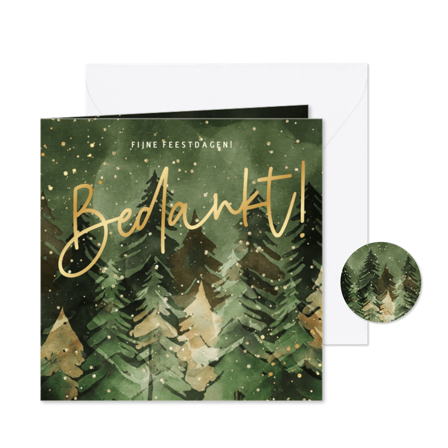 Zakelijke kerstkaart bedankt fotos waterverf kerstbomen goud - Kaartimpressie