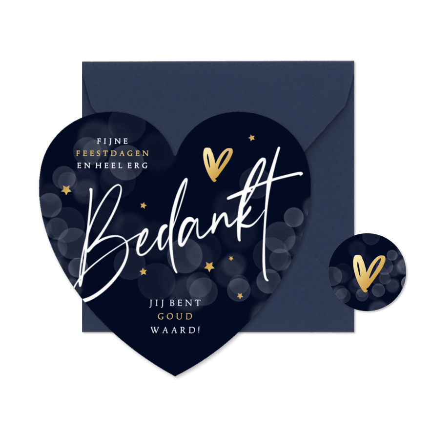 Zakelijke kerstkaart bedankt hartvorm sterren goud hartje - Kaartimpressie