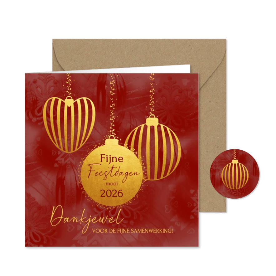 Zakelijke kerstkaart bedankt rood met gouden kerstballen  - Kaartimpressie