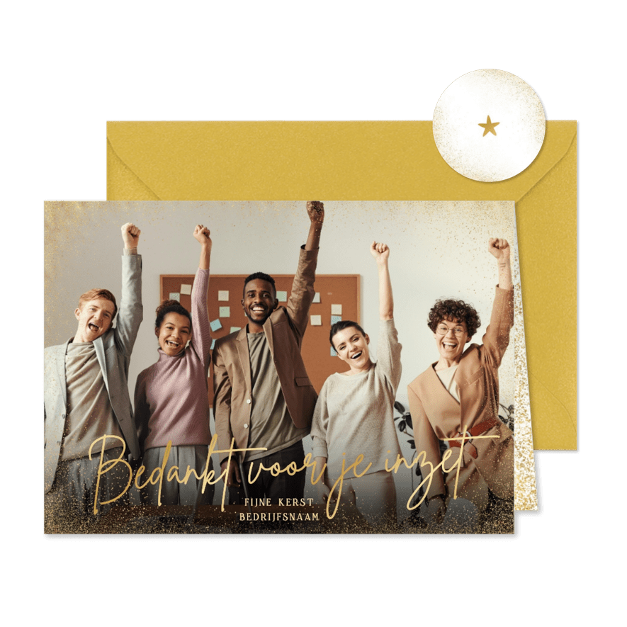 Zakelijke kerstkaart bedankt voor je inzet grote foto goud - Kaartimpressie