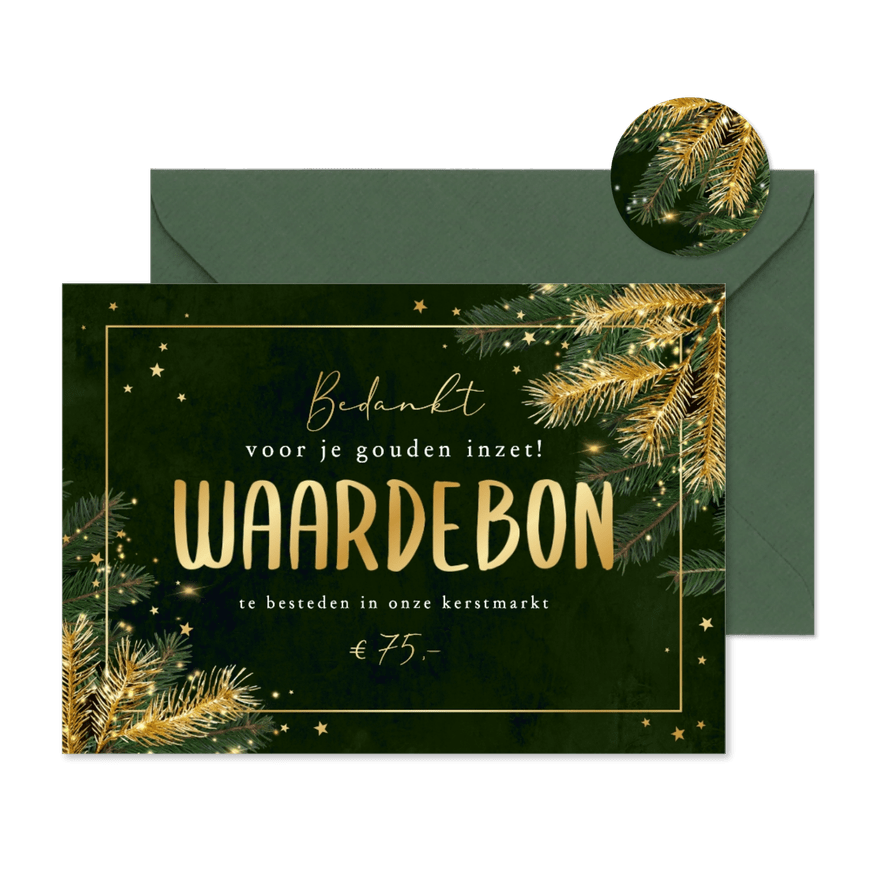 Zakelijke kerstkaart bedankt waardebon kerstmarkt goud - Kaartimpressie