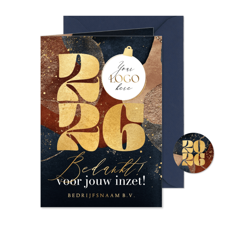 Zakelijke kerstkaart 'Bedankt' watercolor goud logo kerstbal - Kaartimpressie