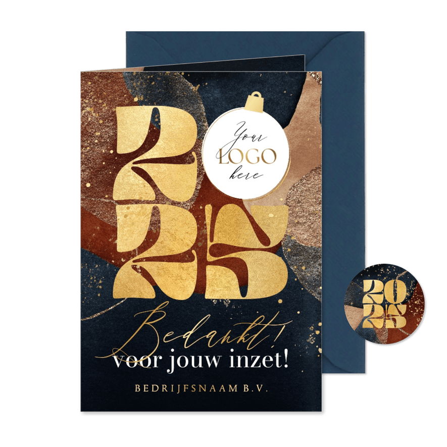 Zakelijke kerstkaart 'Bedankt' watercolor goud logo kerstbal - Kaartimpressie