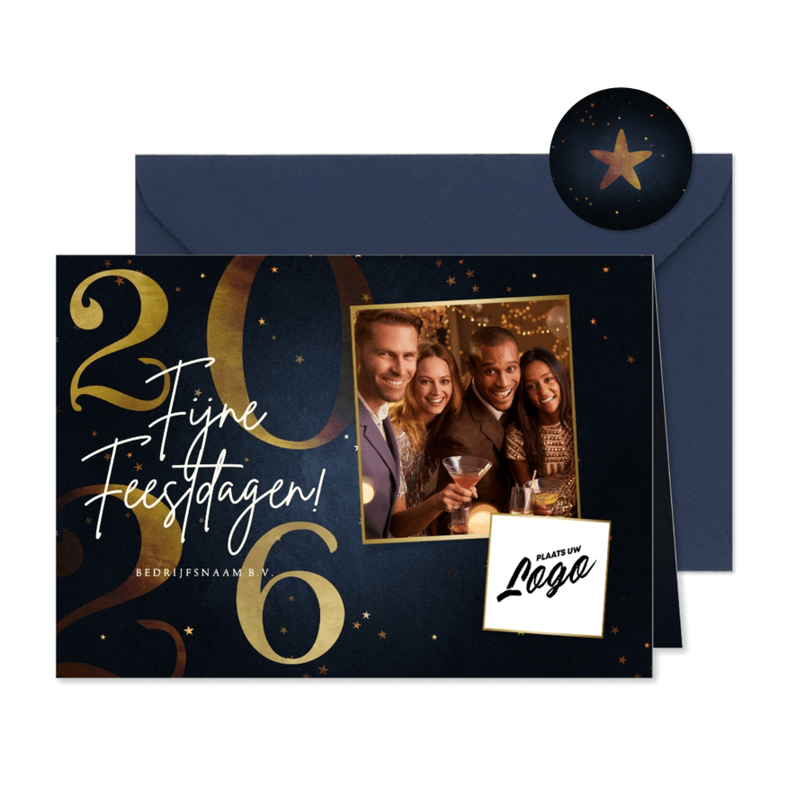 Zakelijke kerstkaart bedrijfslogo 2026 goud fijne feestdagen - Kaartimpressie