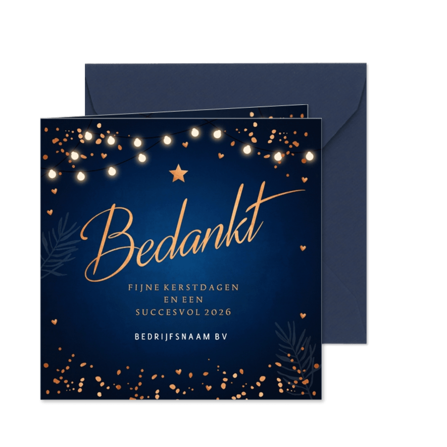 Zakelijke kerstkaart blauw bedankt koperlook - Kaartimpressie