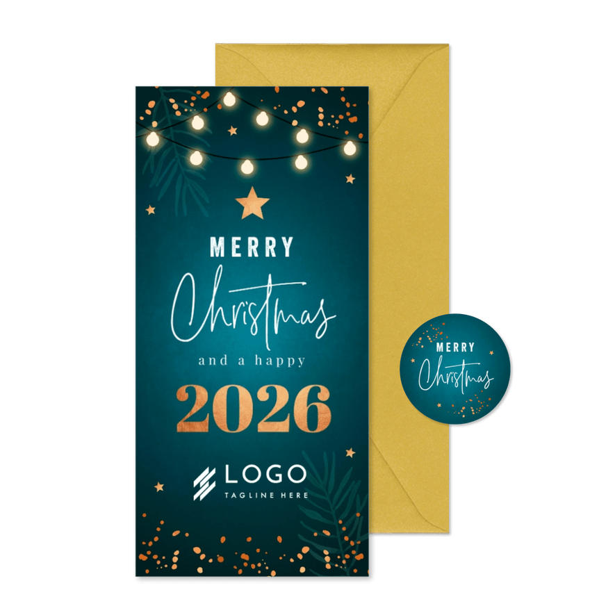 Zakelijke kerstkaart blauw jaartal 2026 lampjes koperlook - Kaartimpressie