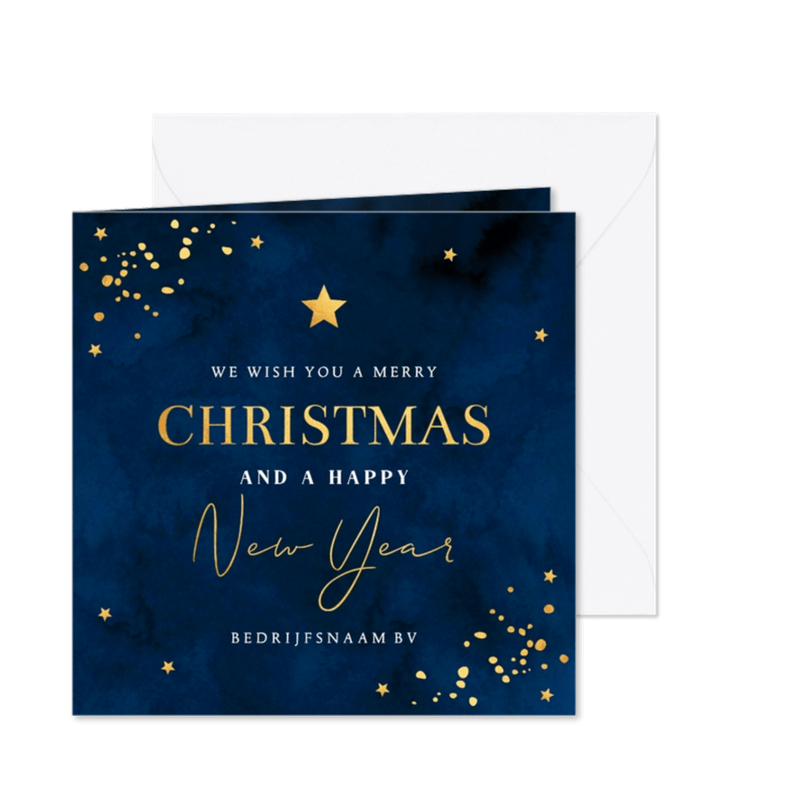 Zakelijke kerstkaart blauw spetters sterren typografie - Kaartimpressie