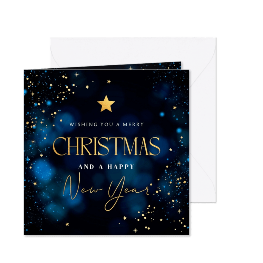 Zakelijke kerstkaart blauw spetters sterren typografie - Kaartimpressie