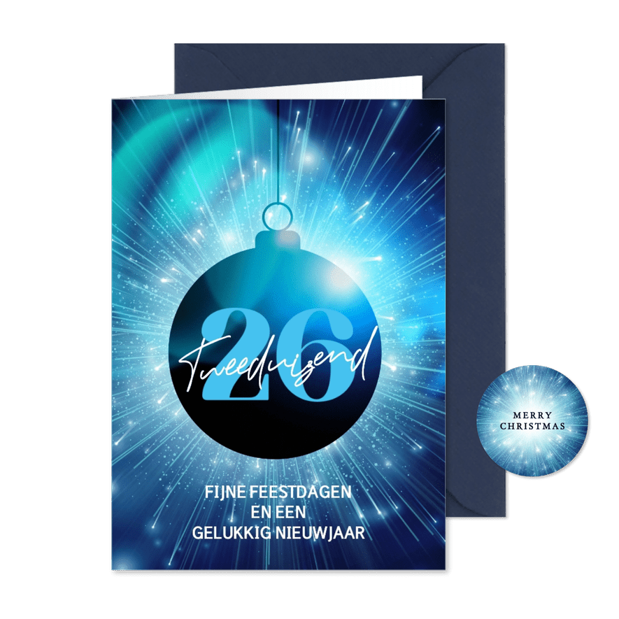 Zakelijke kerstkaart blauwe kerstbal op sterren licht - Kaartimpressie