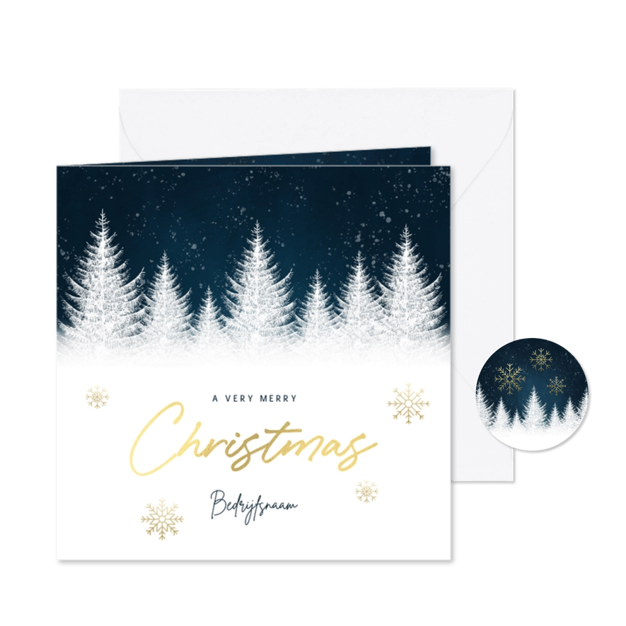 Zakelijke kerstkaart blauwe waterverf, boompjes & typografie - Kaartimpressie