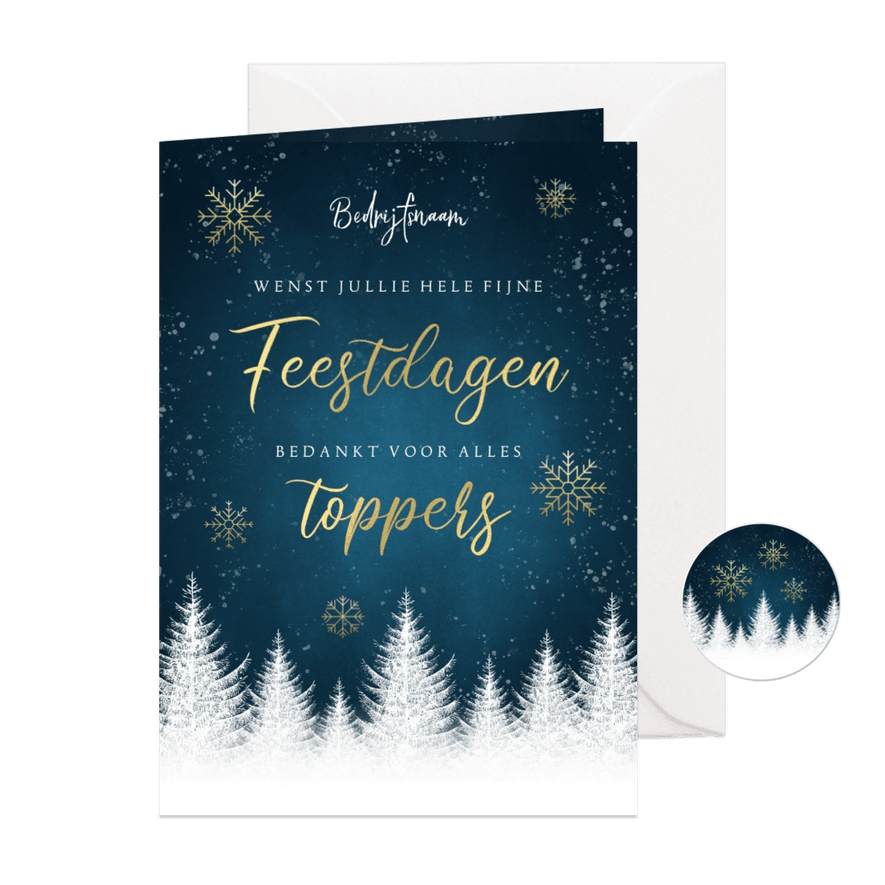 Zakelijke kerstkaart bomen, gouden typografie, sneeuwvlokken - Kaartimpressie