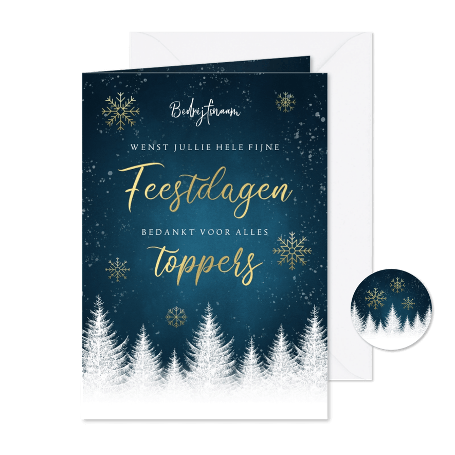 Zakelijke kerstkaart bomen, gouden typografie, sneeuwvlokken - Kaartimpressie