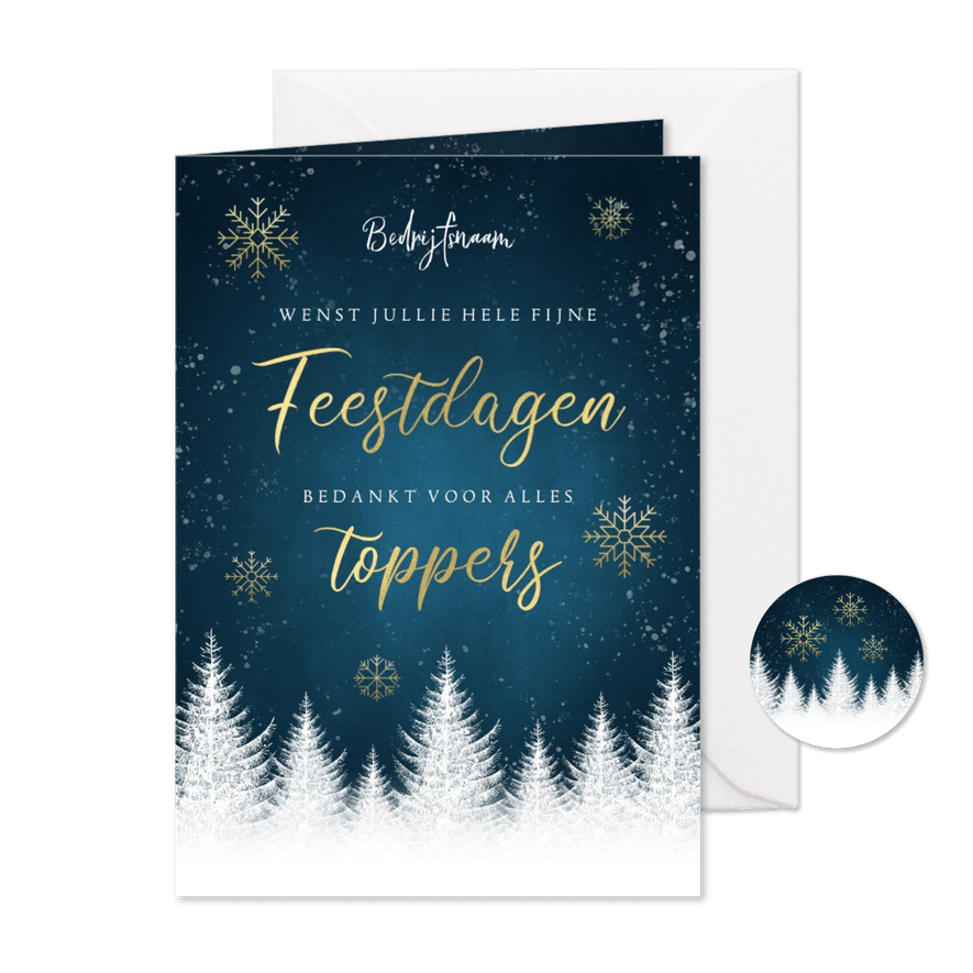 Zakelijke kerstkaart bomen, gouden typografie, sneeuwvlokken - Kaartimpressie