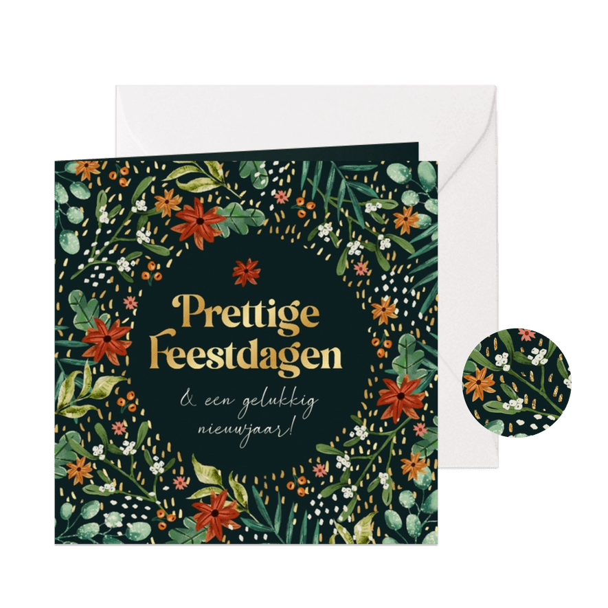 Zakelijke kerstkaart botanisch bloemen kleurrijk goudfolie - Kaartimpressie