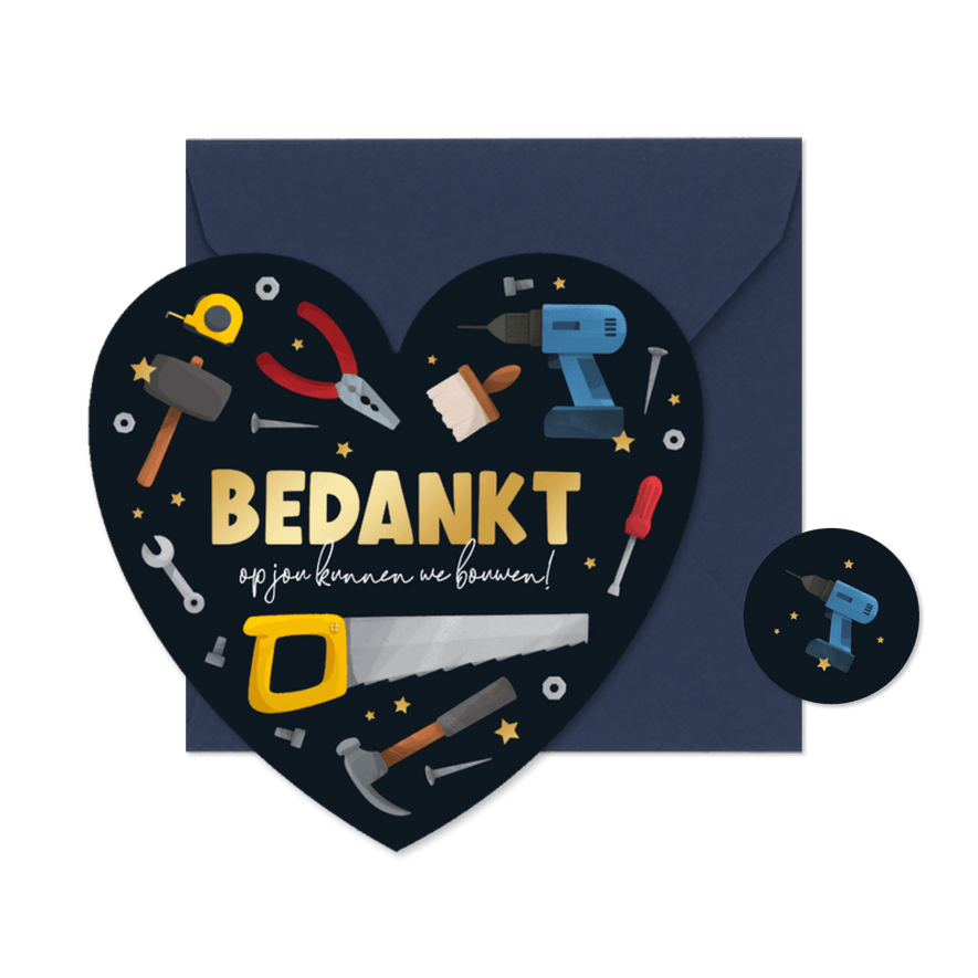Zakelijke kerstkaart bouw bedankt gereedschap hart sterren - Kaartimpressie