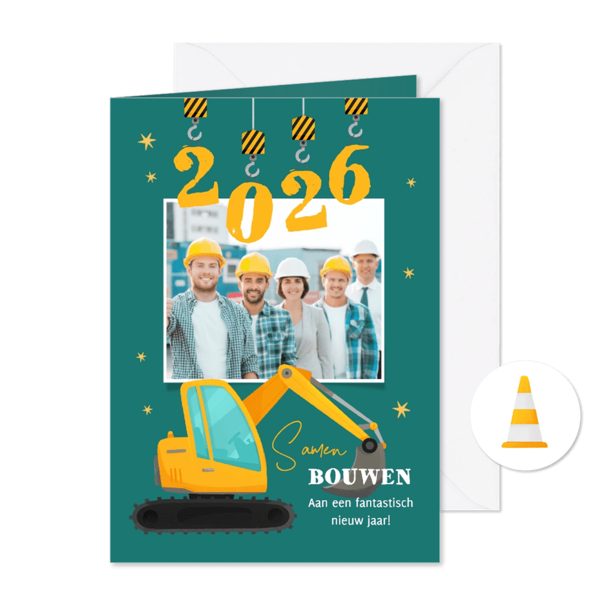 Zakelijke kerstkaart bouw graafmachine foto hijskraan 2026 - Kaartimpressie