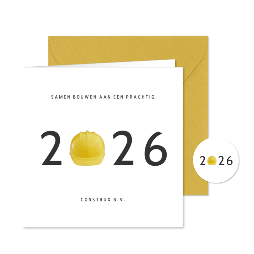 Zakelijke kerstkaart bouw met jaartal 2026 met bouwhelm - Kaartimpressie