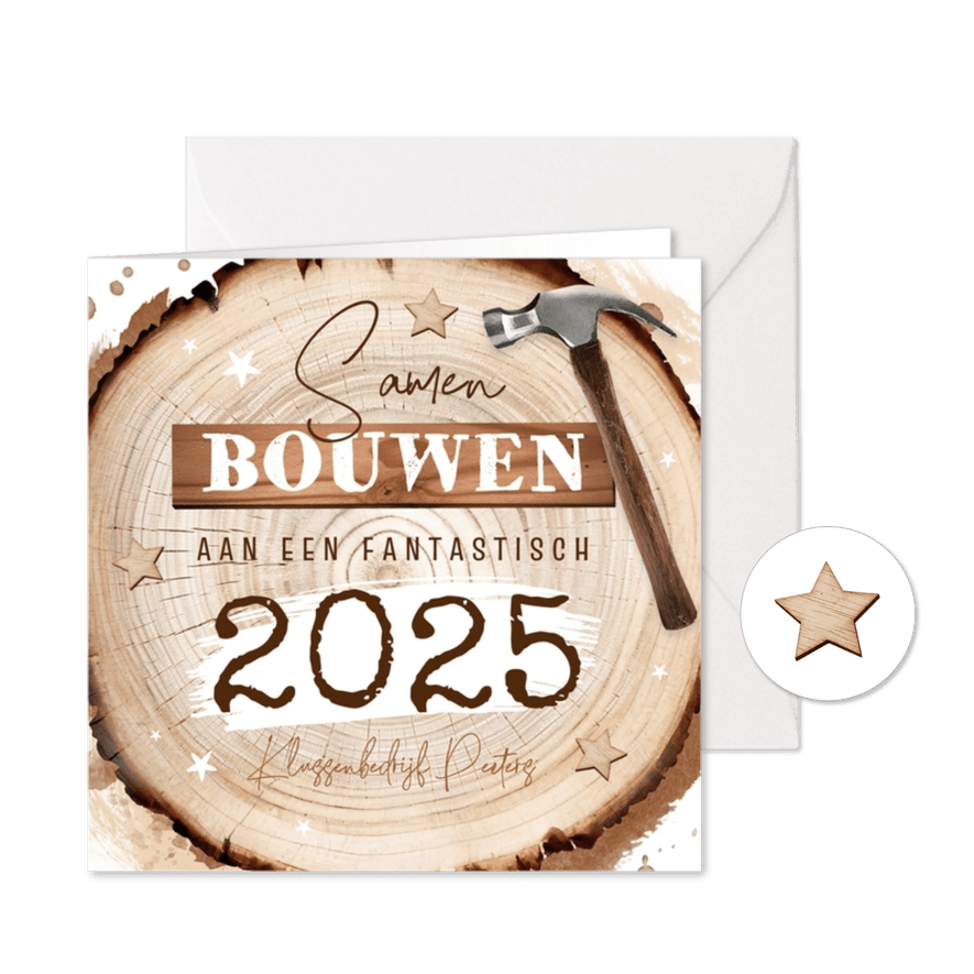 Zakelijke kerstkaart bouwbedrijf klussen hout boomstam hamer - Kaartimpressie