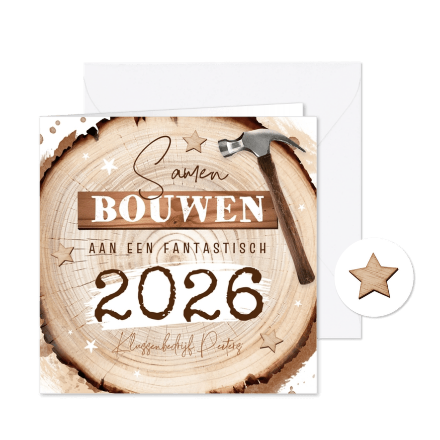 Zakelijke kerstkaart bouwbedrijf klussen hout boomstam hamer - Kaartimpressie