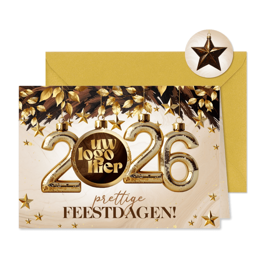Zakelijke kerstkaart bruine kersttak 2026 kerstbal en logo - Kaartimpressie